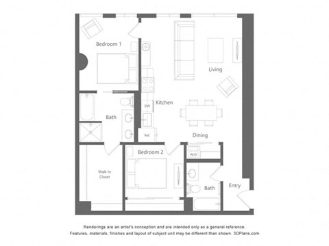 a floor plan of a unit with a bedroom and a living room